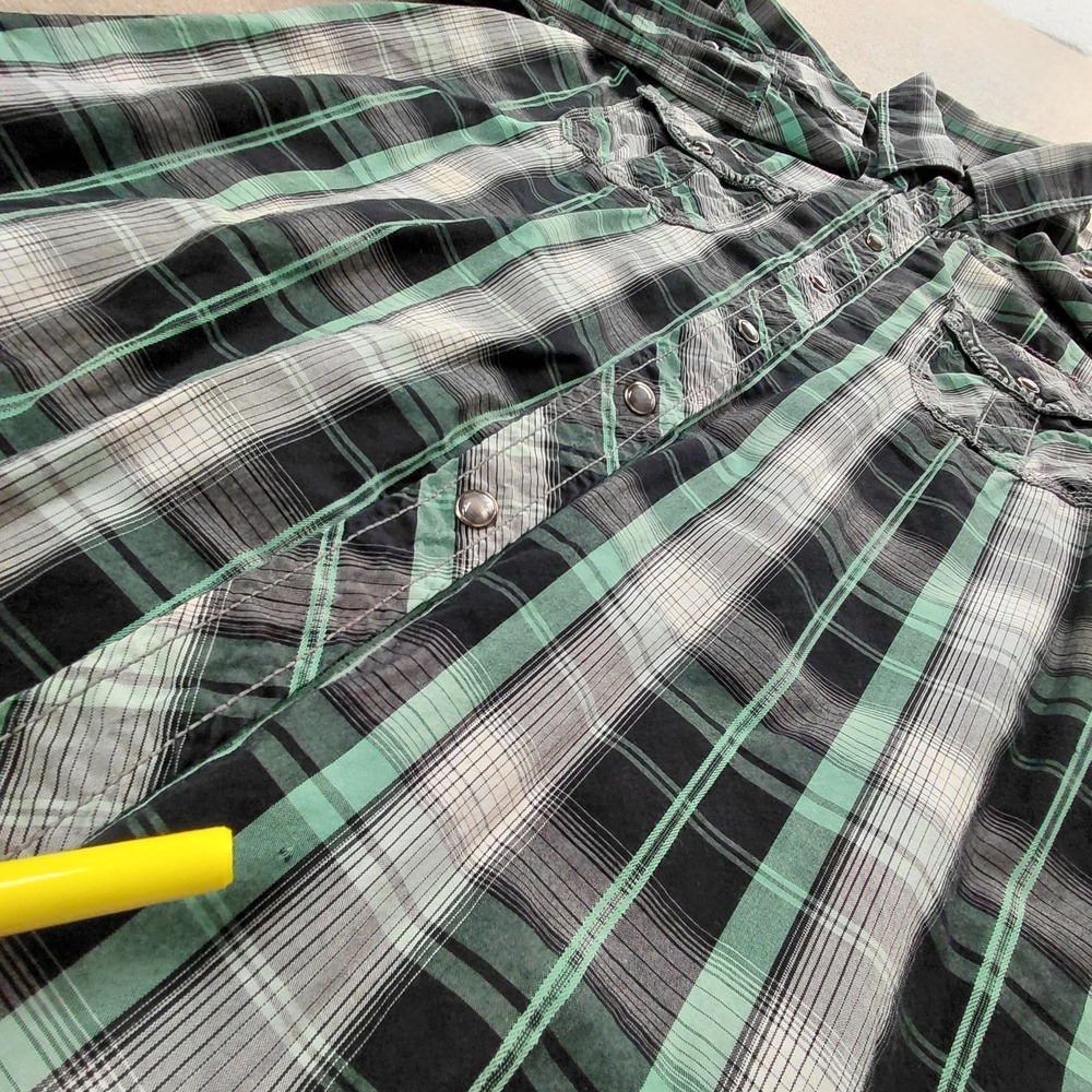 Rock & Roll Cowboy Shirt Men L Green Plaid Pearl Snap Thick Stitch Western Rodeo - Picture 13 of 16